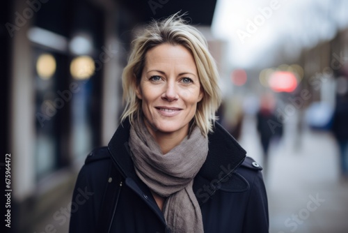 Portrait of middle-aged woman in the city on a cold winter day