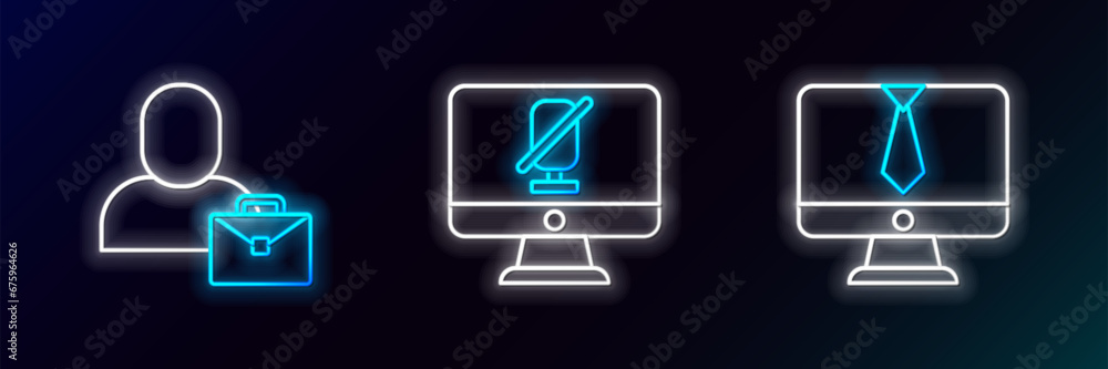 Set line Video chat conference, Freelancer and Mute microphone computer icon. Glowing neon. Vector Set line Video chat conference, Freelancer and Mute microphone computer icon. Glowing neon. Vector
