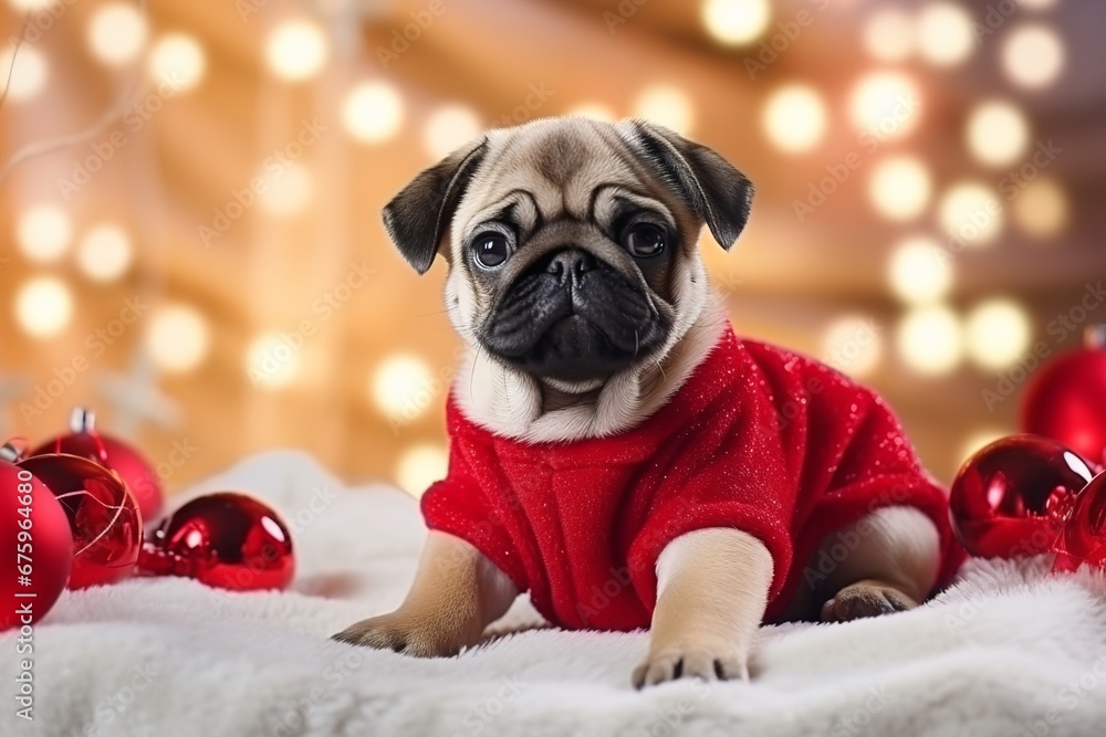 cute happy mops puppy in santa claus costume