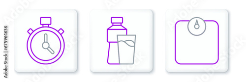 Set line Bathroom scales, Stopwatch and Bottle of water with glass icon. Vector