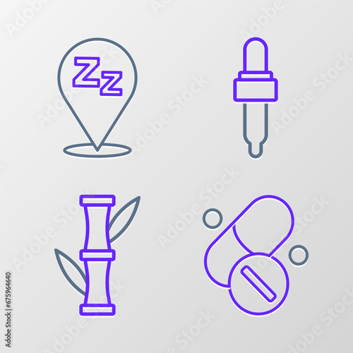 Set line Vitamin pill, Bamboo, Pipette with oil and Sleepy icon. Vector