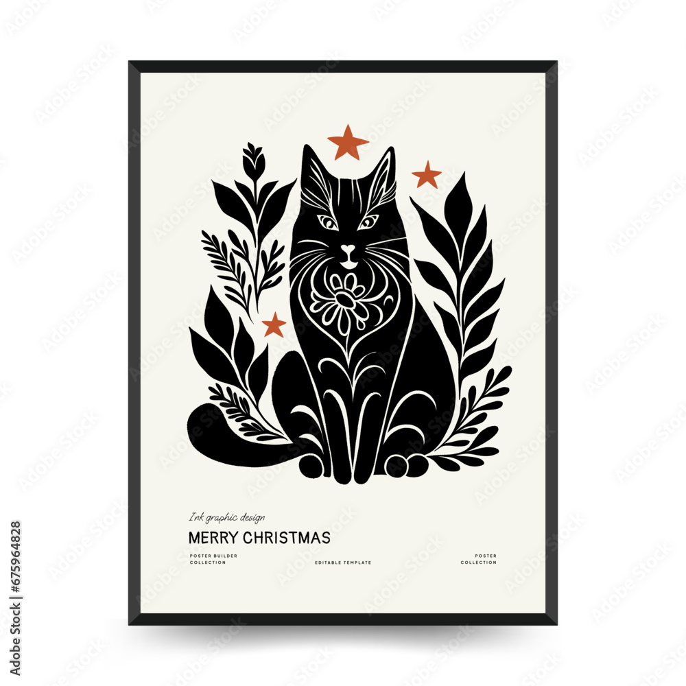 Merry Christmas and Happy New Year vertical flyer or poster template. Modern trendy Matisse minimal style. Hand drawn design for wallpaper, wall decor, print, postcard, cover, template, banner.