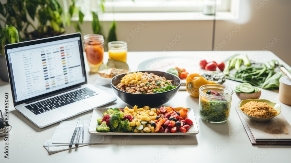 AI-powered meal planning. Artificial intelligence to create meal plans tailored to individual dietary needs. Various Products and food, notepad and laptop on white kitchen at home - obrazy, fototapety, plakaty 