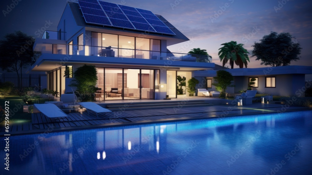 Obraz premium Modern house and swimming pool with solar energy