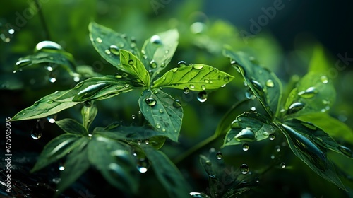 Green leaves with rain drops natural background