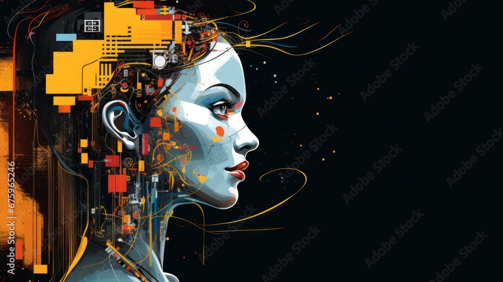 Abstract digital art of colorful geometric shapes and circuit board representing the ai, android woman portrait
