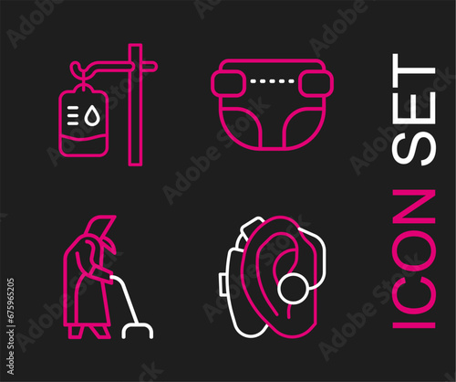 Set line Hearing aid, Grandmother, Adult diaper and IV bag icon. Vector