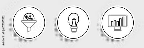 Set line Monitor with graph chart, Lead management and Light bulb concept of idea icon. Vector