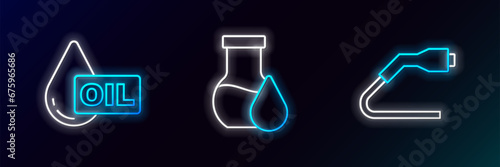 Set line Electrical cable plug charging, Oil drop and petrol test tube icon. Glowing neon. Vector