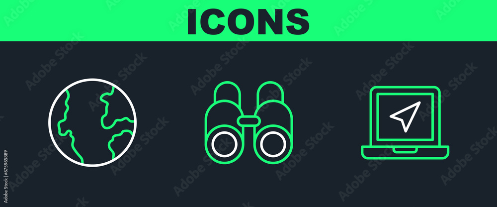 Set line Laptop with location marker, Earth globe and Binoculars icon. Vector Set line Laptop with location marker, Earth globe and Binoculars icon. Vector