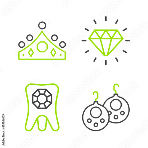 Set line Earrings, Tooth with diamond, Diamond and King crown icon. Vector