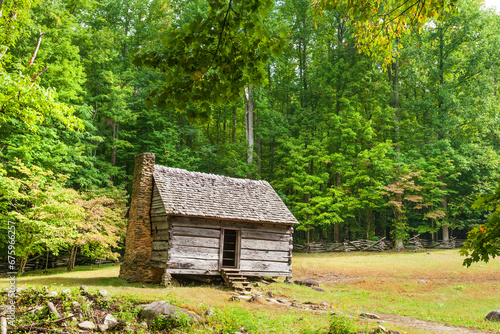 Historic log cabin on farm in the Great Smoky Mountains National Park, Tennessee, USA