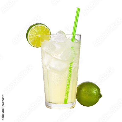 lime Mojito cocktail with lime and mint isolated on a transparent background for a cafe or restaurant menu, Caipirinha glass PNG, a glass of cold beverage of lemonade with ice cubes and a straw photo