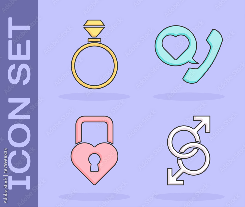 Set Male gender symbol, Wedding rings, Castle in the shape of a heart and Telephone with heart speech bubble icon. Vector