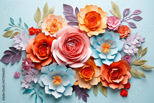 The colorful paper flower bouquet of many flowers such as rose, carnation, and daisy on a light pastel green background for decoration. Generative AI. © Surachetsh