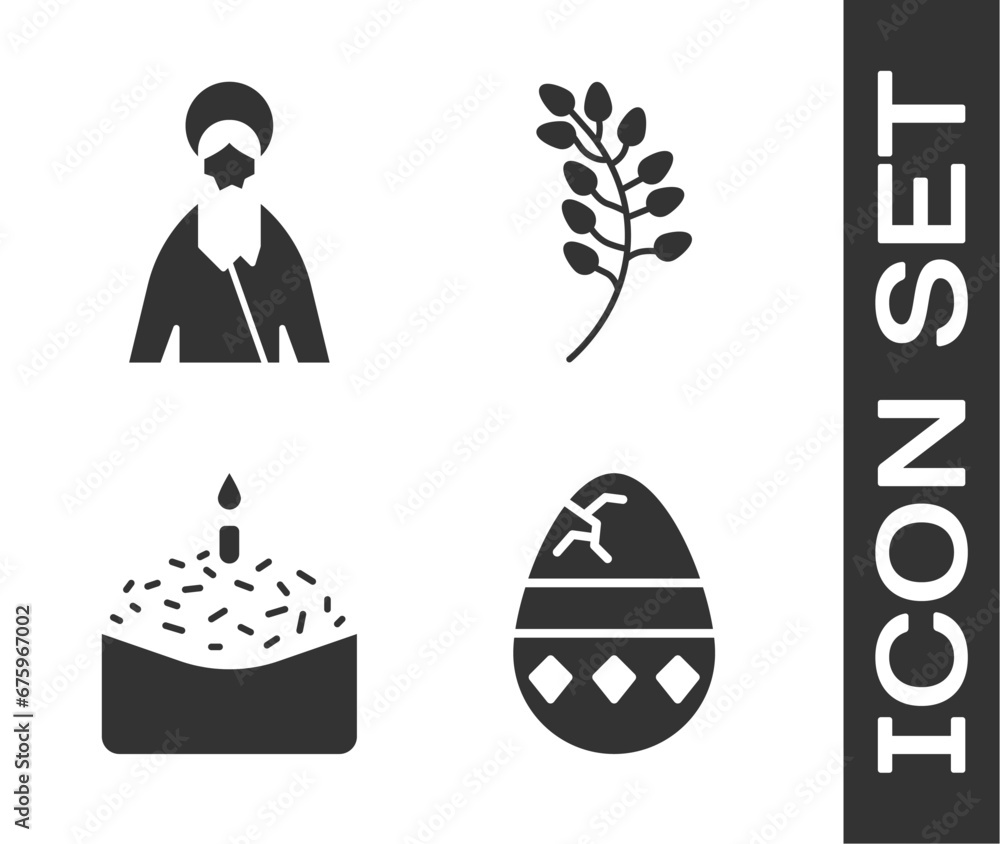 Set Cracked egg, Jesus Christ, Easter cake and candle and Willow leaf icon. Vector