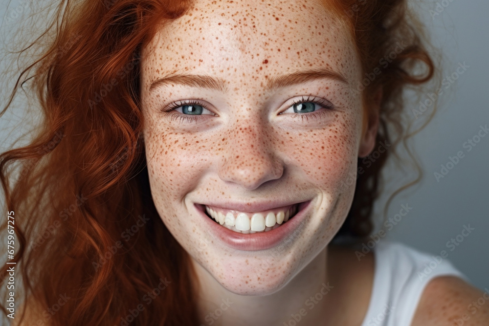 The close up face portrait of a young and beautiful woman with red ginger hair and natural freckles showing her smiling while looking at the camera. Generative AI. The close up face portrait of a young and beautiful woman with red ginger hair and natural freckles showing her smiling while looking at the camera. Generative AI.