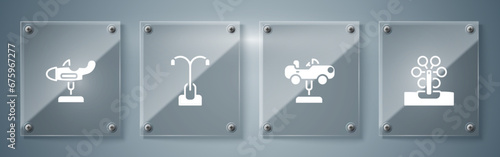 Set Ferris wheel, Swing car, Street light and plane. Square glass panels. Vector
