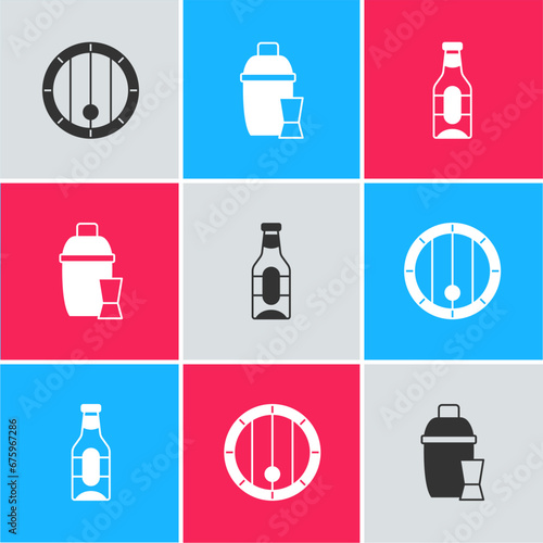 Set Wooden barrel, Cocktail shaker and Beer bottle icon. Vector