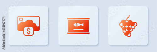 Set Canned fish, Credit card and Grape fruit. White square button. Vector