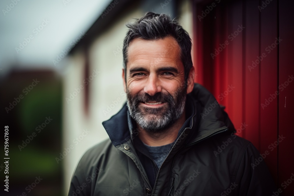 Portrait of a handsome mature man with a beard and mustache in a black jacket against a red wall Portrait of a handsome mature man with a beard and mustache in a black jacket against a red wall