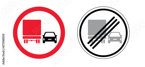 Non overtaking for motortruck signboard and End of overtaking ban. Stop, prohibition sign. Traffic, vehicle motor truck symbol. No overtaking. Forbidden icon. Lorry, overtaking is prohibited.