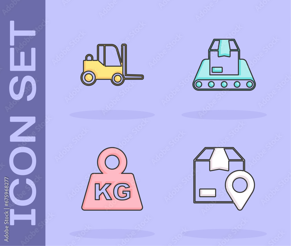 Set Location with cardboard box, Forklift truck, Weight and Conveyor belt icon. Vector Set Location with cardboard box, Forklift truck, Weight and Conveyor belt icon. Vector