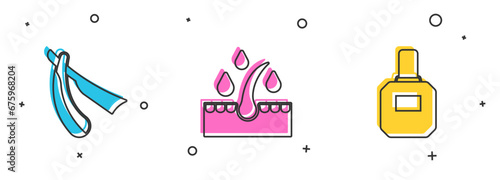 Set Straight razor, Oil for hair care treatment and Aftershave icon. Vector