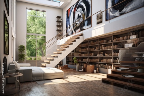design a room with a stair case leading to an artist studio