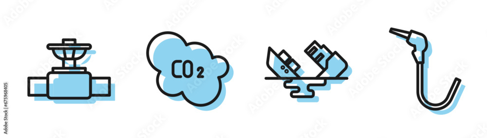 Set line Wrecked oil tanker ship, Industry pipe and valve, CO2 emissions in cloud and Gasoline pump nozzle icon. Vector Set line Wrecked oil tanker ship, Industry pipe and valve, CO2 emissions in cloud and Gasoline pump nozzle icon. Vector