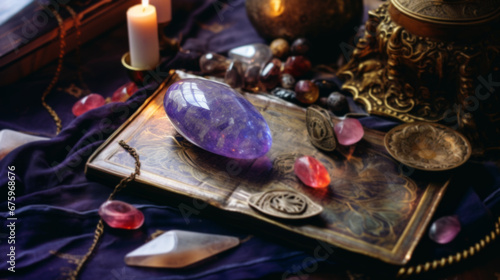 Beautiful esoteric and mystical altar for meditation with crystals and semi-precious stones