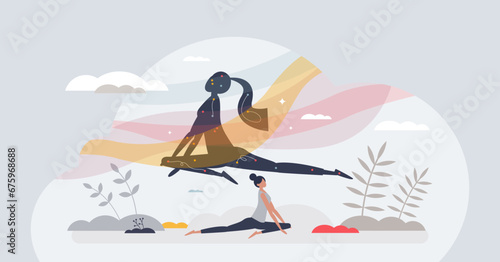 Somatics as body mental and physical retreat for wellness tiny person concept. Mind relaxation and pose for yoga activity vector illustration. Balance workout for healthy figure and mindfulness.