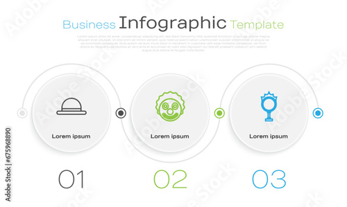 Set line Clown hat, head and Circus fire hoop. Business infographic template. Vector