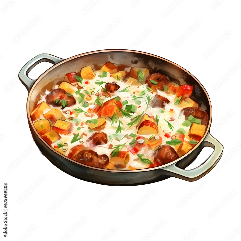 egg and sausage casserole, watercolor food illustration egg and sausage casserole, watercolor food illustration