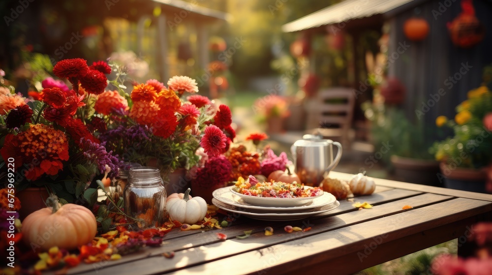 Autumnal outdoor dinner table arrangement including pumpkins and flowers.  Generative Ai.