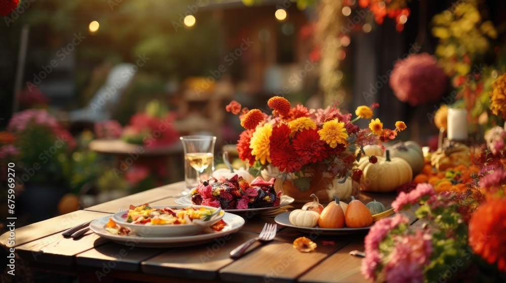 Autumnal outdoor dinner table arrangement including pumpkins and flowers.  Generative Ai.