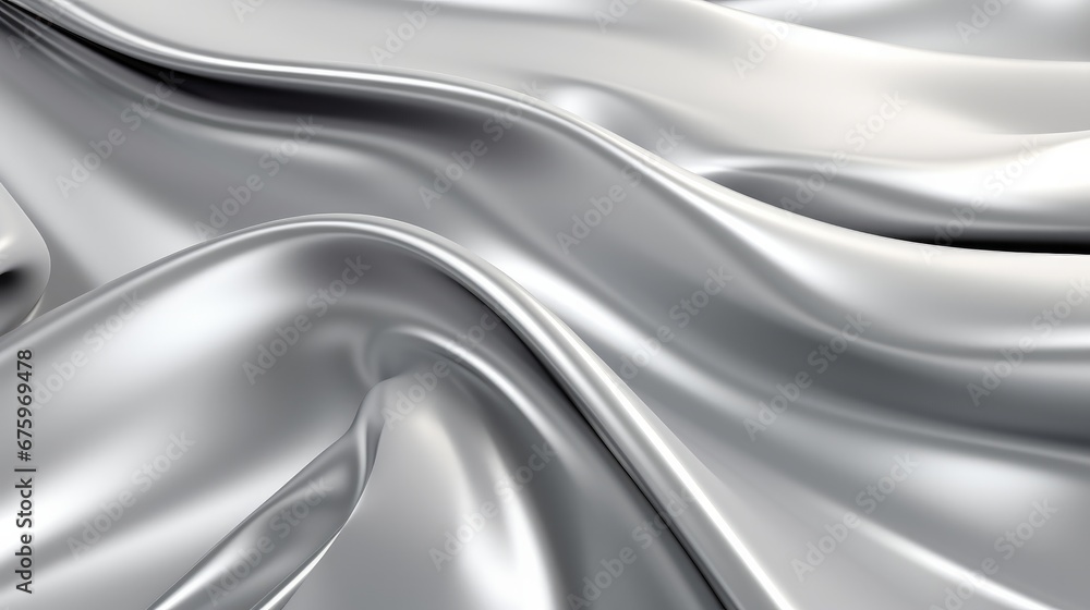 Explore the captivating allure of a silver chrome metal texture with flowing waves, showcasing a liquid silver metallic silk wavy design in this mesmerizing 3D render illustration