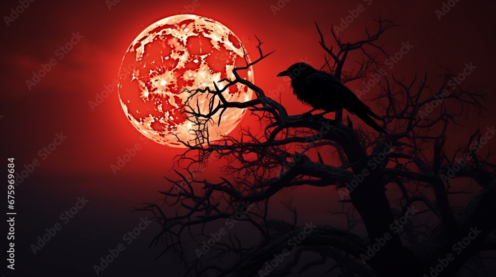 The silhouette of a crow perched on a dry branch of a large tree amid the eerie atmosphere of a red full moon