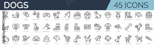 Set of 45 outline icons related to dog care. Linear icon collection. Editable stroke. Vector illustration