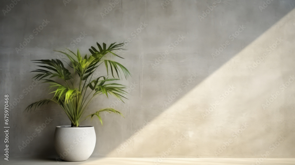 Tropical palm in clay pot and shadow on concrete wall