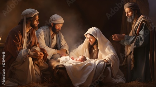 Fotografie, Tablou the birth of jesus in a manger with the three wise men