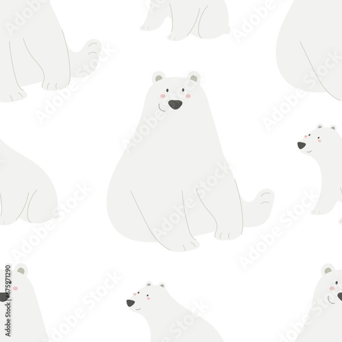 Seamless pattern with Arctic and Antarctic animals, decor elements. Cartoon Character - polar bear. Colorful vector flat for kids. hand drawing. baby design for fabric, print, wrapper, textile