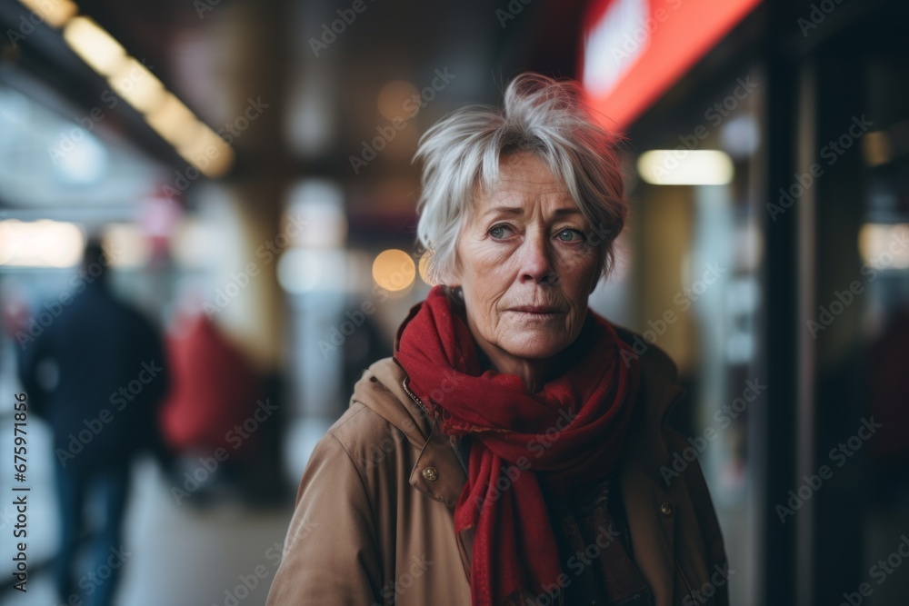 Portrait of an elderly woman in the city. She is wearing a red scarf.