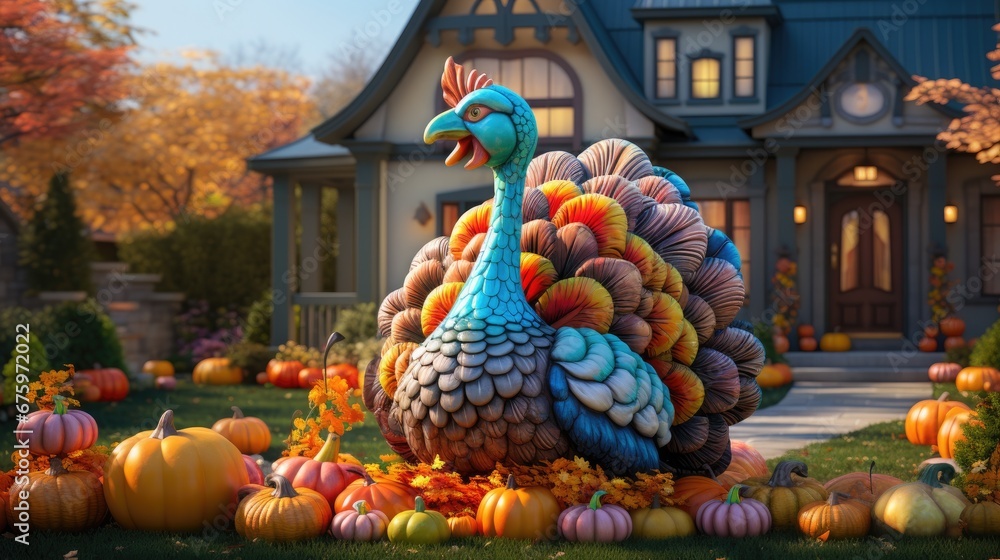 Thanksgiving front yard display including an inflatable turkey and pumpkins. Generative Ai.
