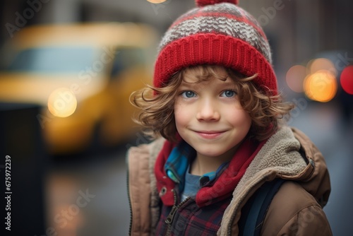 Portrait of a cute little boy in a warm hat and coat on the street.