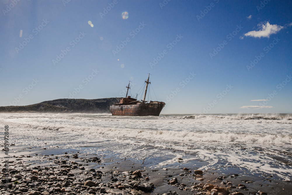 Shipwreck. Ship aground on the sea coast of Argentina.