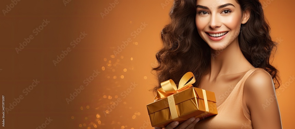 The young and pretty caucasian woman was standing with a charming smile on her face holding a golden gift box filled with light and joy Inside she discovered a beautiful present of delightf The young and pretty caucasian woman was standing with a charming smile on her face holding a golden gift box filled with light and joy Inside she discovered a beautiful present of delightf