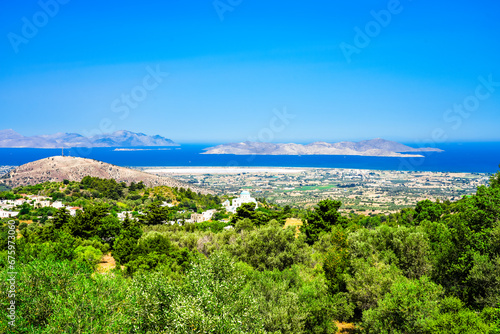 View of the landscape and the Mediterranean Sea from a mountain on the Greek island of Kos. 