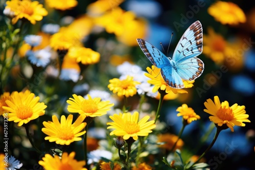 butterfly and bright summer flowers on a background of blue foliage © FryArt Studio