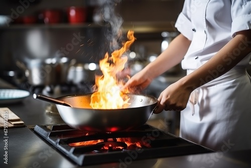 Chef in hotel or restaurant kitchen cooking only hands photo